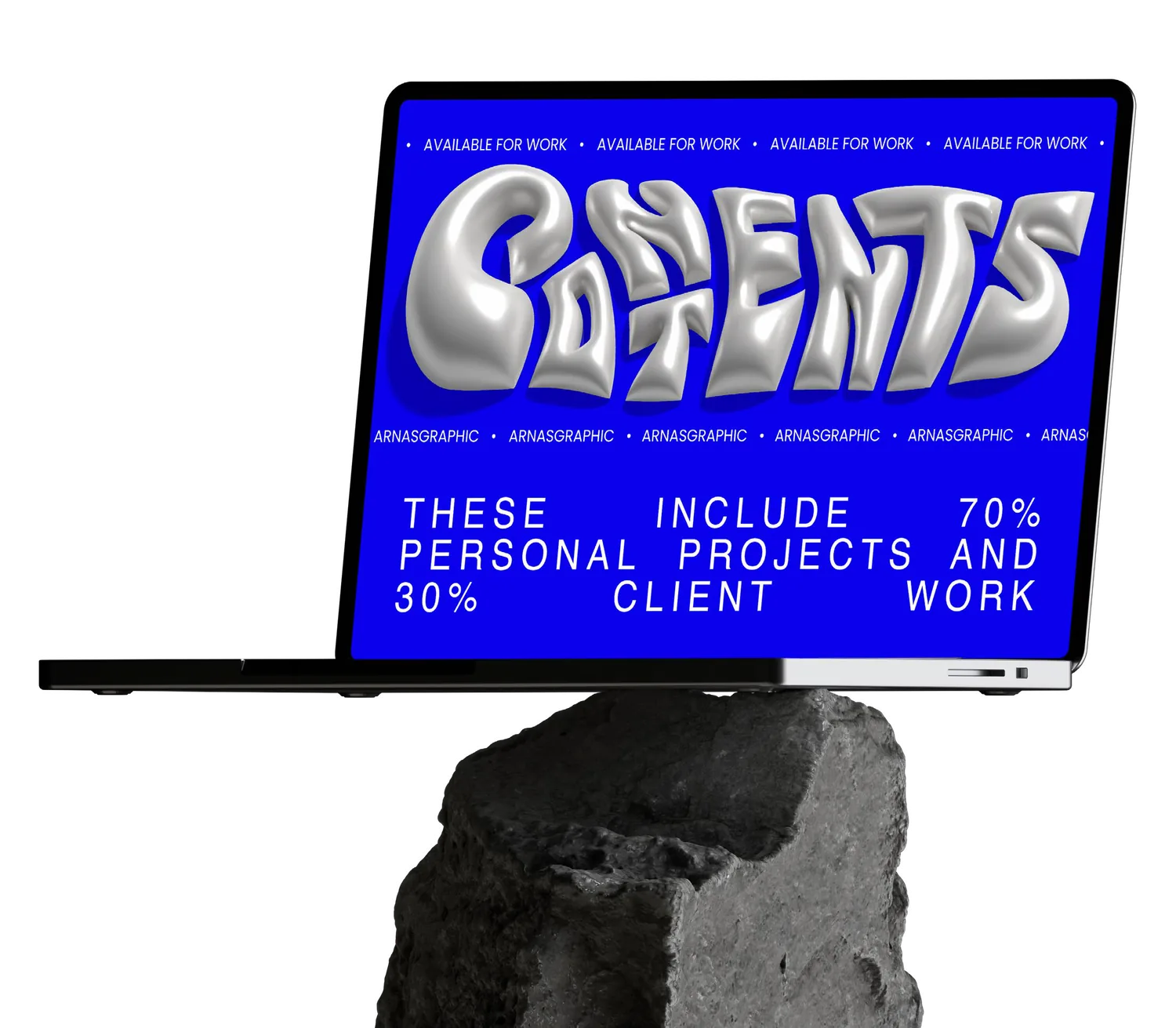 Laptop balanced on a rock. The screen shows CONTENTS in liquid chrome letters and the line: these include 70% personal projects and 30% client work