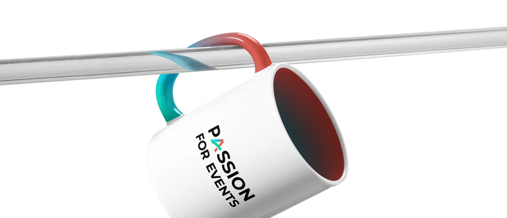 White mug reading Passion for Events hanging from a rail