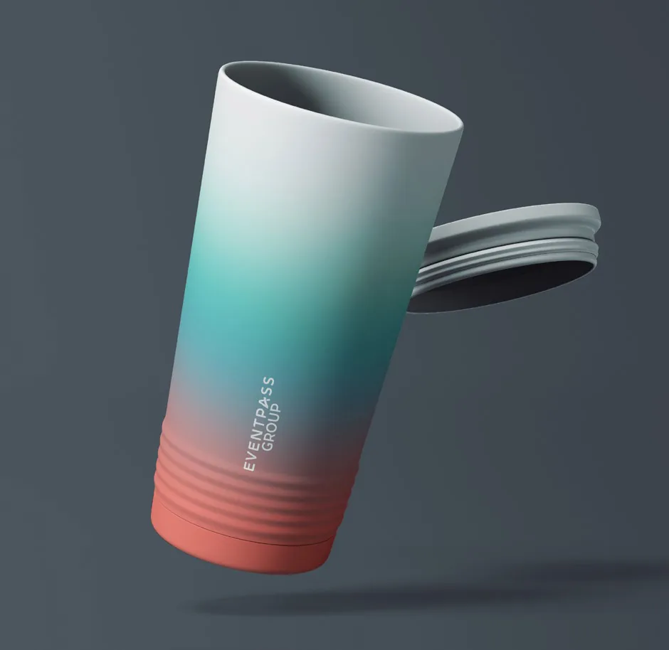 Tumbler with a teal to coral gradient and the Eventpass wordmark