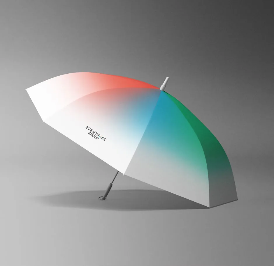 Umbrella printed with the Eventpass teal and coral gradient