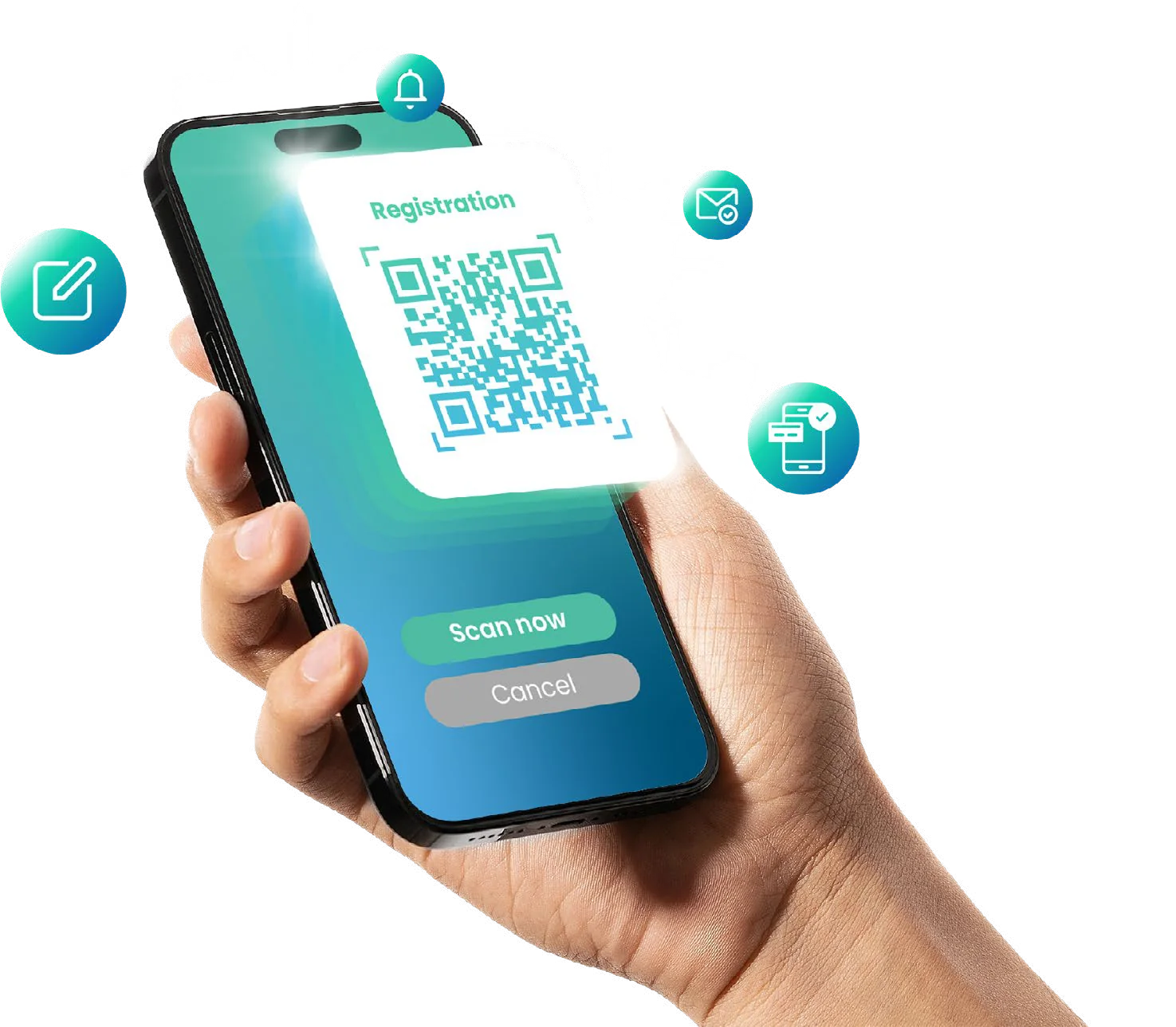 Hand holding a phone showing an Expopass registration QR code