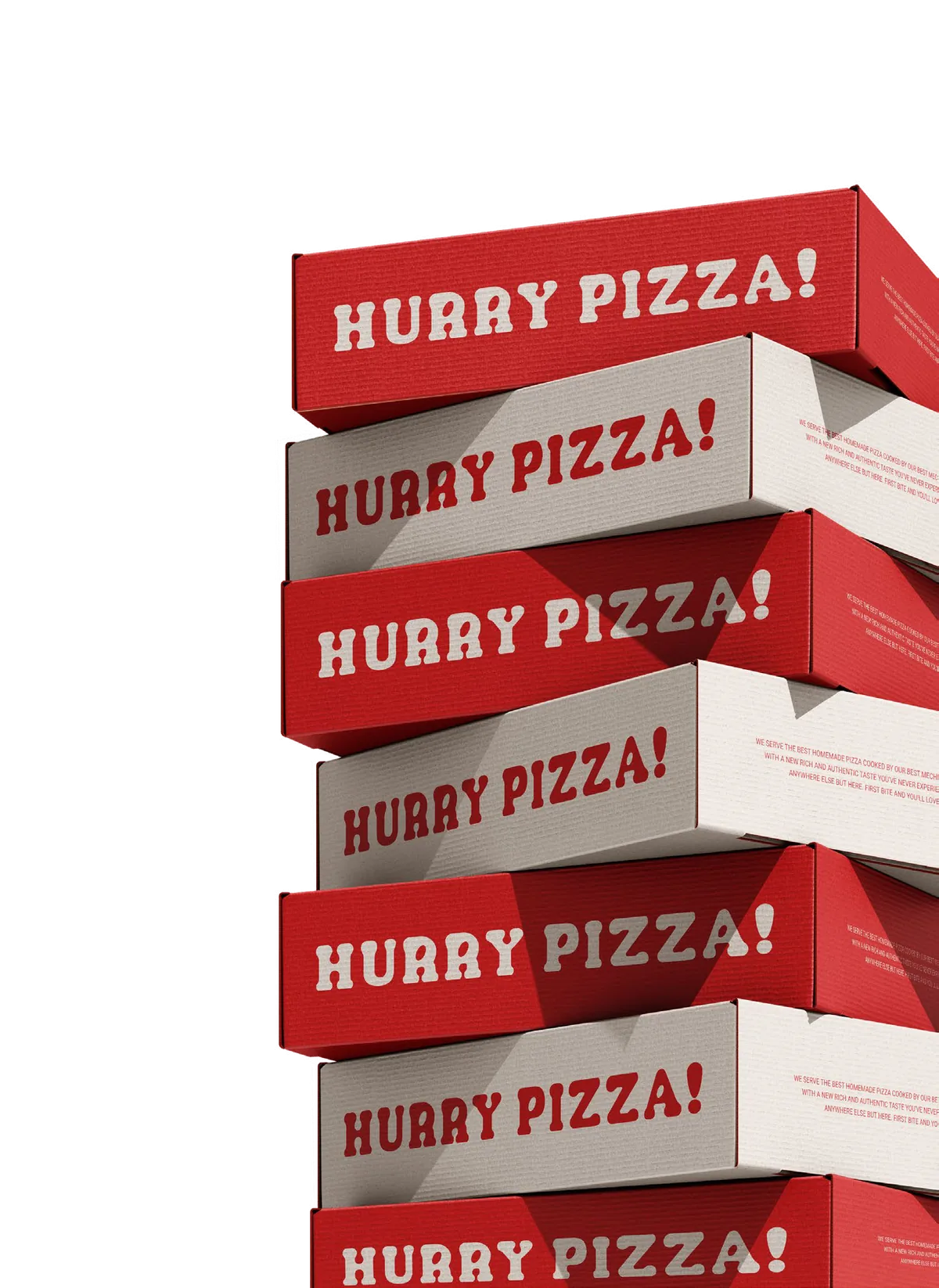 Tall stack of red Hurry Pizza boxes