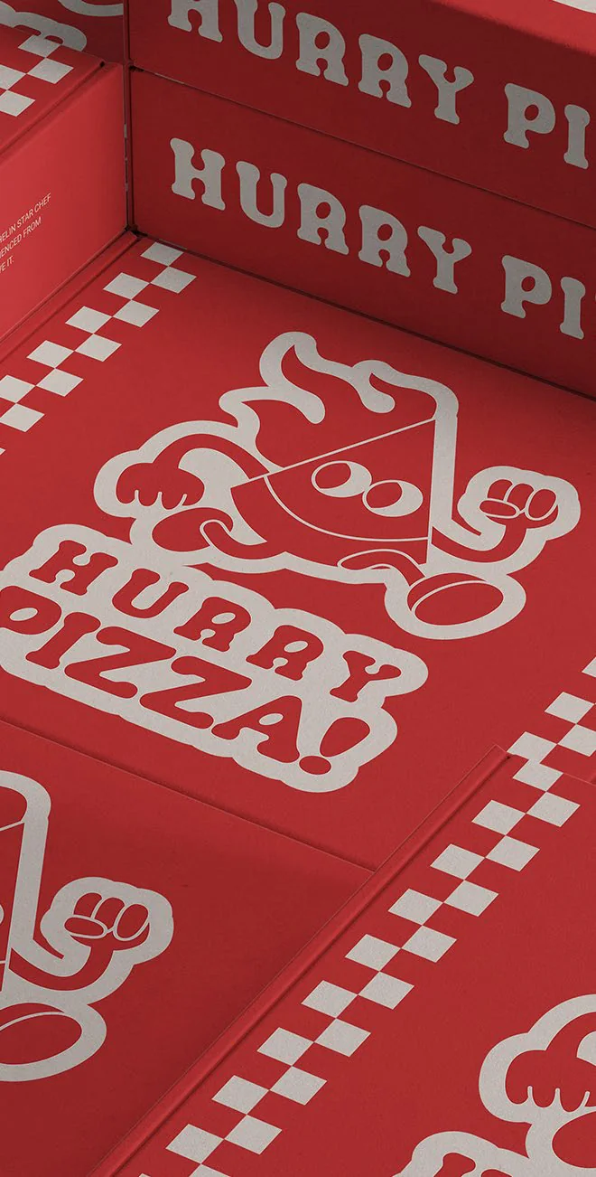 Close up of a red Hurry Pizza box lid with the running pizza mascot and checkered border