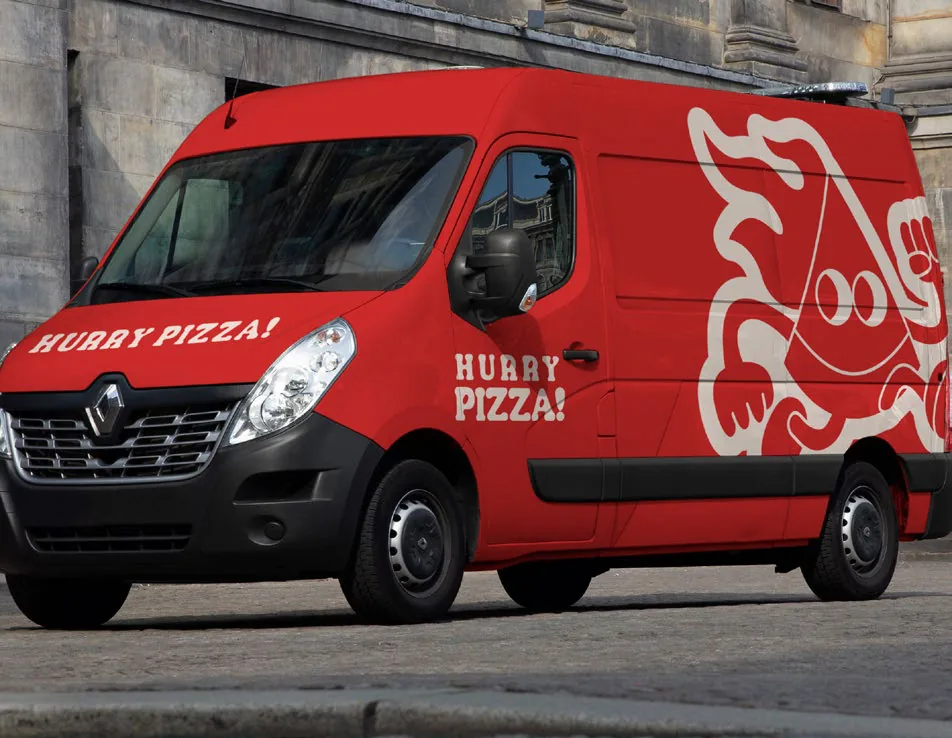 Red Hurry Pizza delivery van wrapped with the mascot