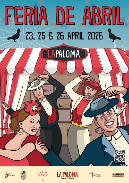 Feria de Abril poster with flamenco dancers under a striped tent