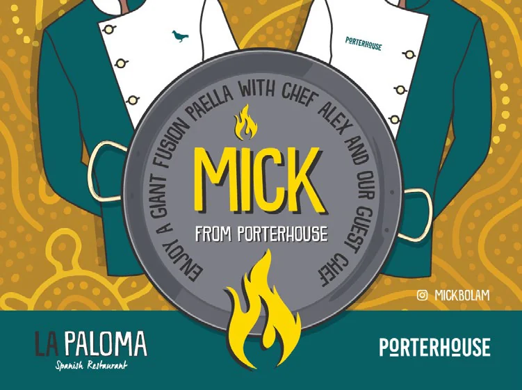 La Paloma x Porterhouse poster: Chef Mick and Chef Paolo paella pan illustration