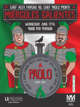 Miercoles Calientes poster with two illustrated chefs in Roman armour