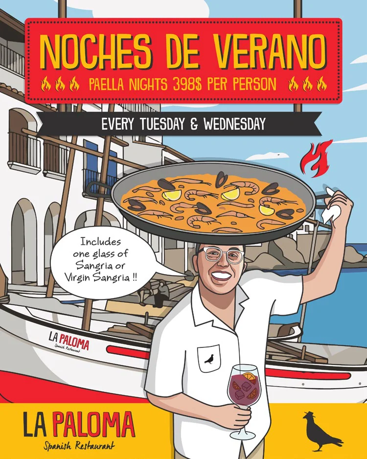 Noches de Verano paella nights poster with an illustrated chef carrying a paella pan