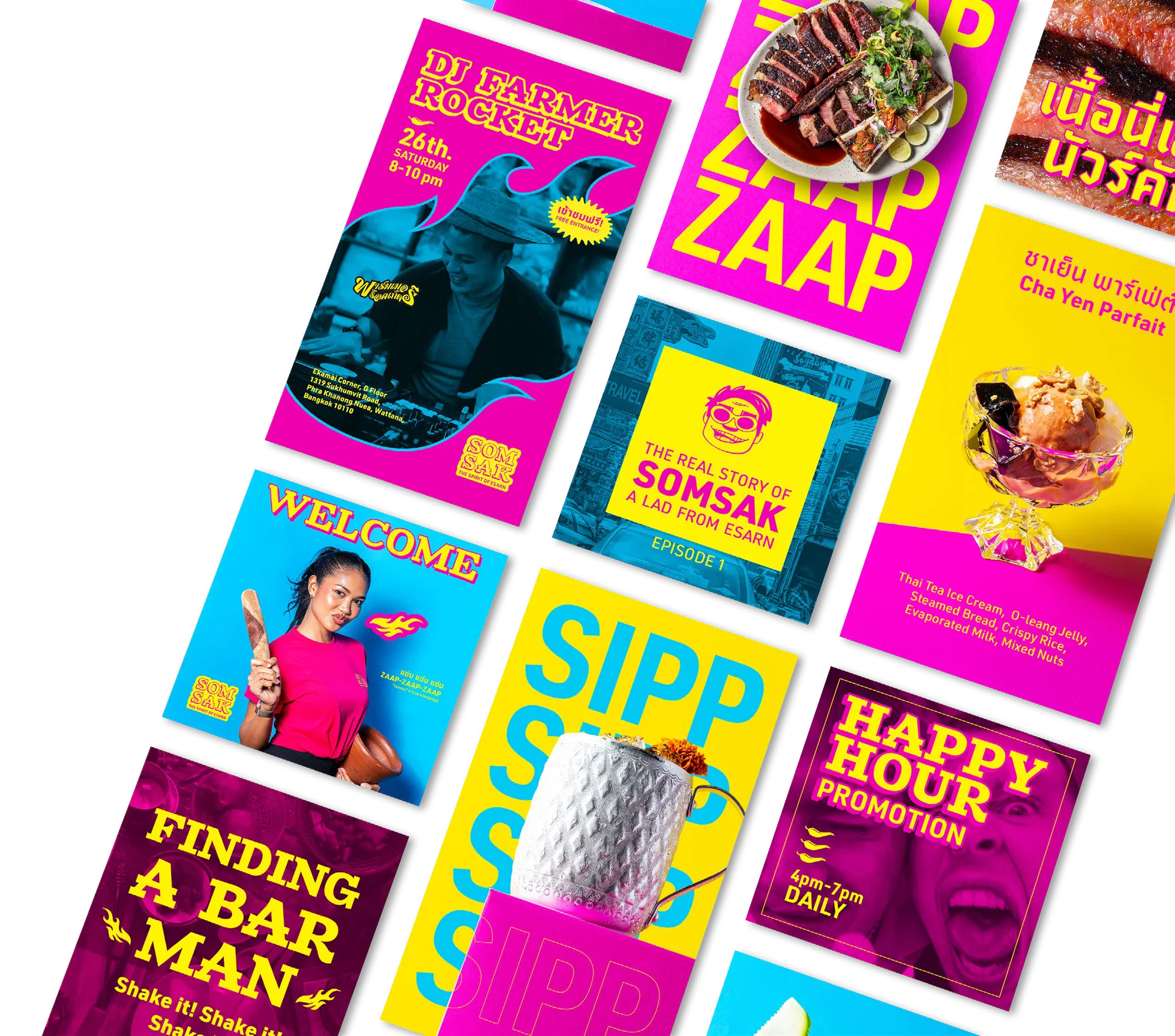 Grid of hot pink, yellow and cyan Somsak social posts: DJ Farmer Rocket night, Zaap, Welcome, The Real Story of Somsak, Sipp, Cha Yen Parfait, Finding a Bar Man, Happy Hour promotion