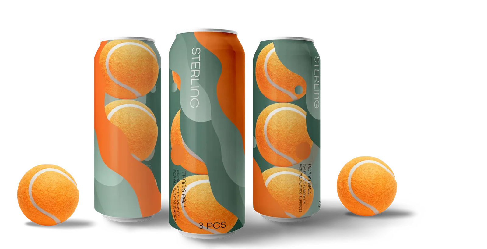 Three Sterling tennis ball cans in orange and sage green with loose tennis balls