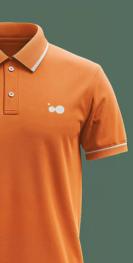 Orange Sterling polo shirt with white tipping and the dot symbol on the chest