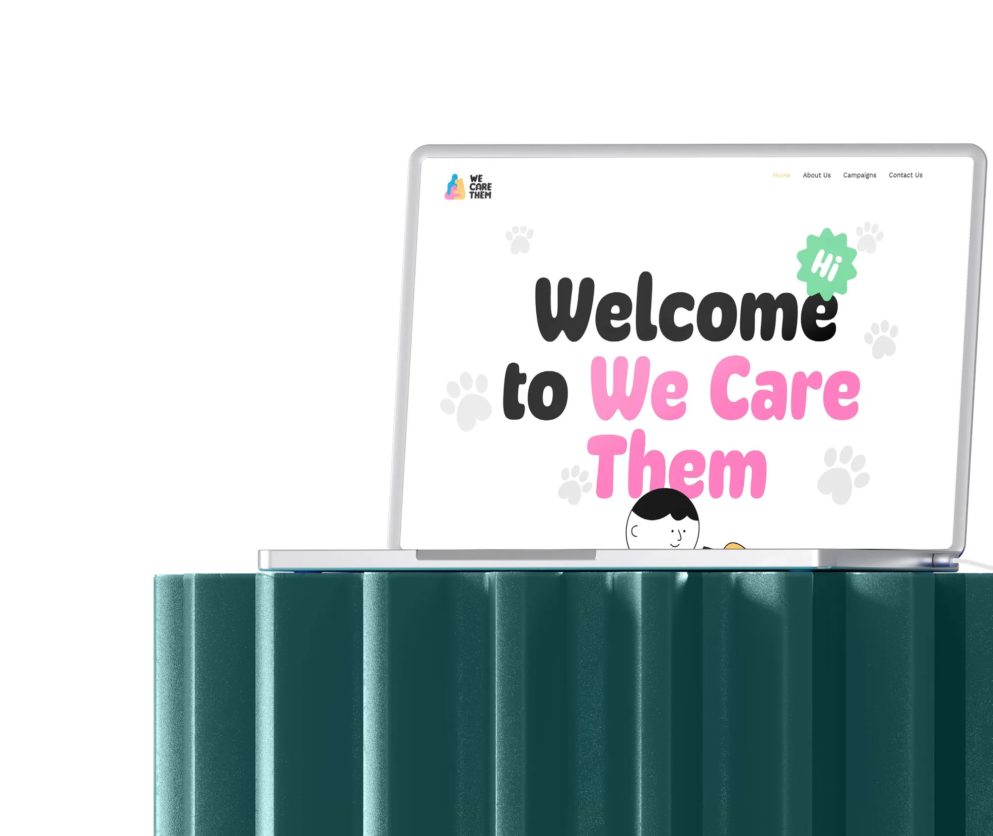 Desktop screen showing the We Care Them website welcome page, on a teal pedestal